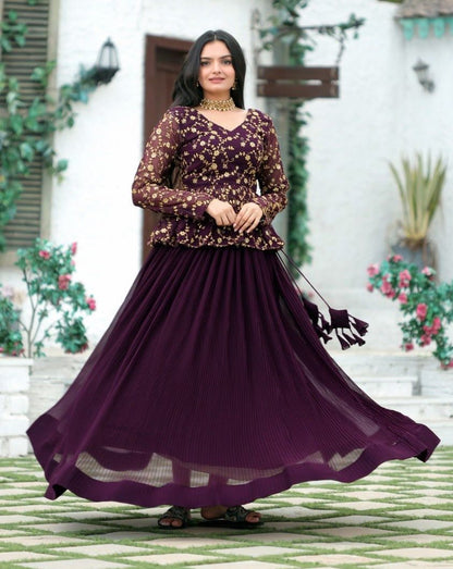 CRUSH PLEATING WINE COLOR WITH HEAVY EMBROIDERED  LEHENGA CHOLI