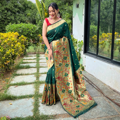 DARK GREEN PURE PAITHANI SILK WITH UNIQUEMOTIF PATTERNS SAREE