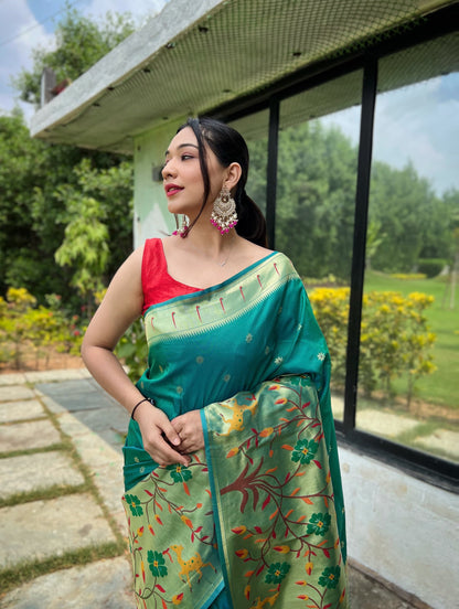 DARK GREEN PURE PAITHANI SILK WITH UNIQUEMOTIF PATTERNS SAREE