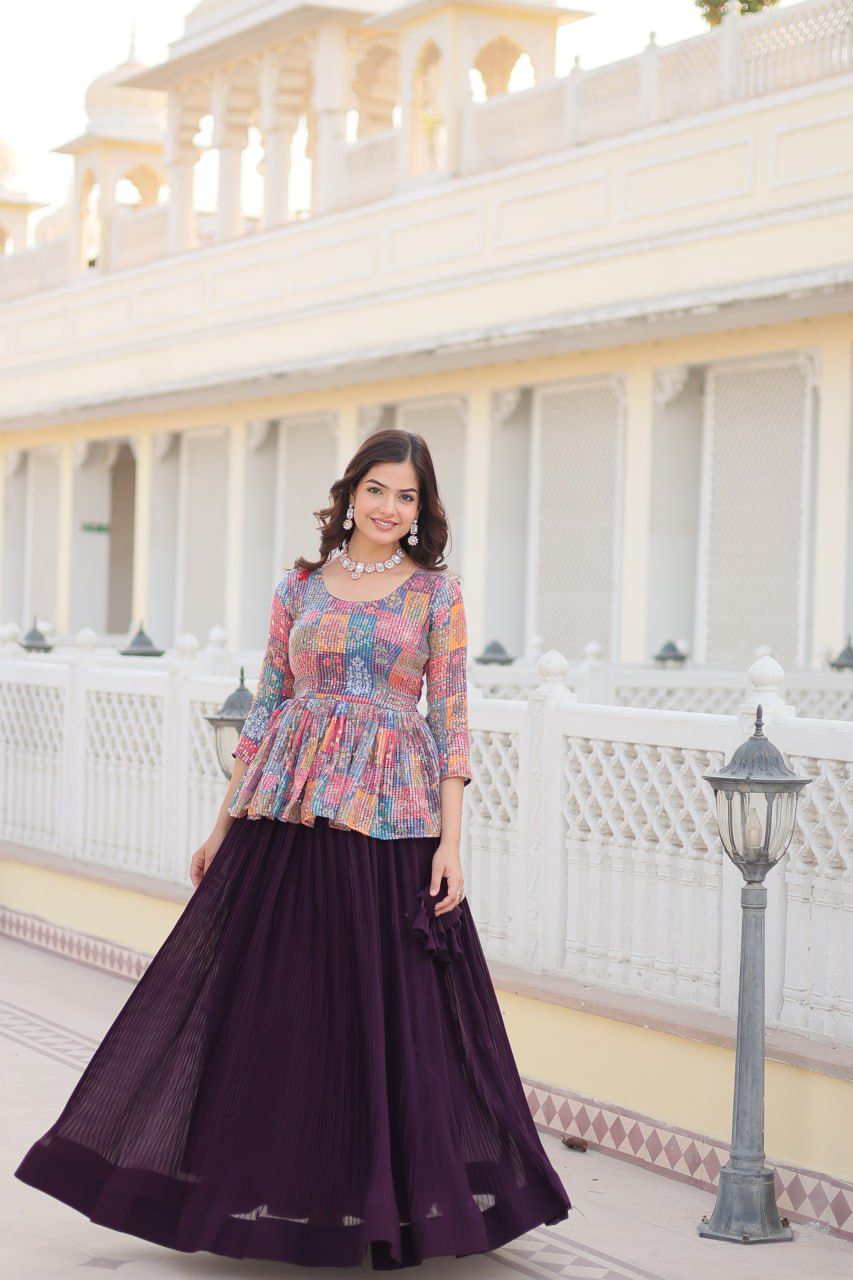 WINE COLOR DESIGNER READY TO WEAR CROP TOP LEHENGA CHOLI