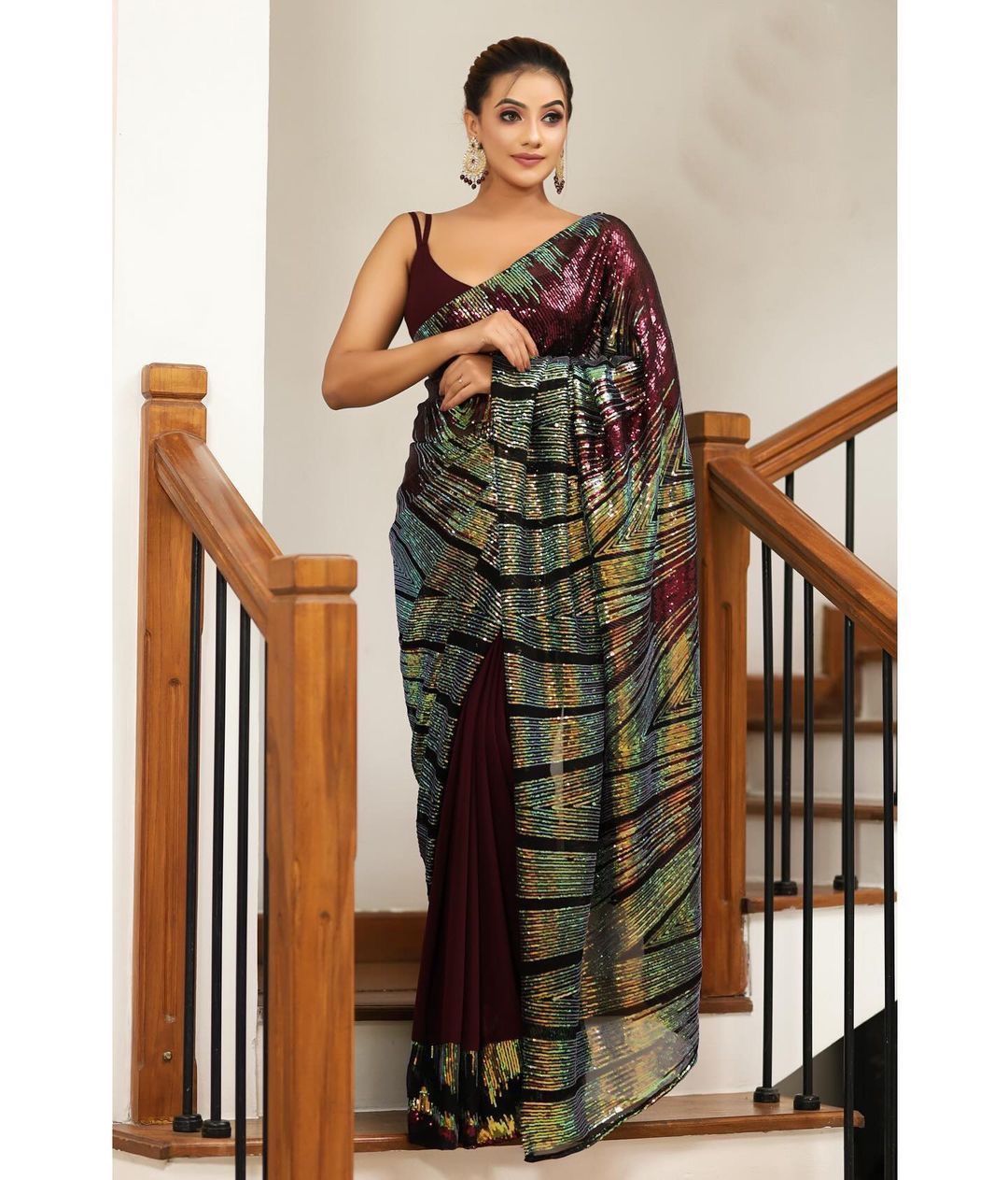 WINE COLOR HEAVY SOFT GEORGETTE RAINBOW SEQUINS WORK SAREE