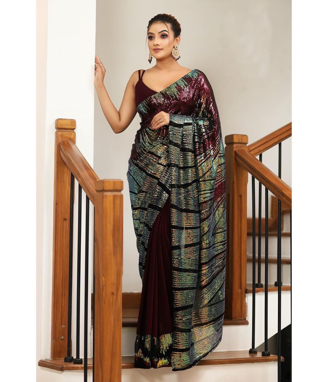 WINE COLOR HEAVY SOFT GEORGETTE RAINBOW SEQUINS WORK SAREE