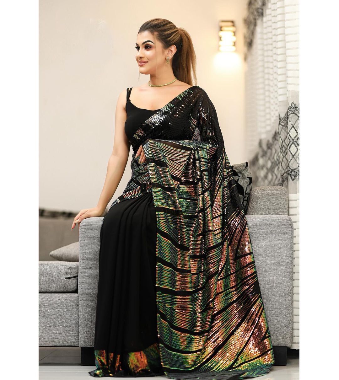 WINE COLOR HEAVY SOFT GEORGETTE RAINBOW SEQUINS WORK SAREE