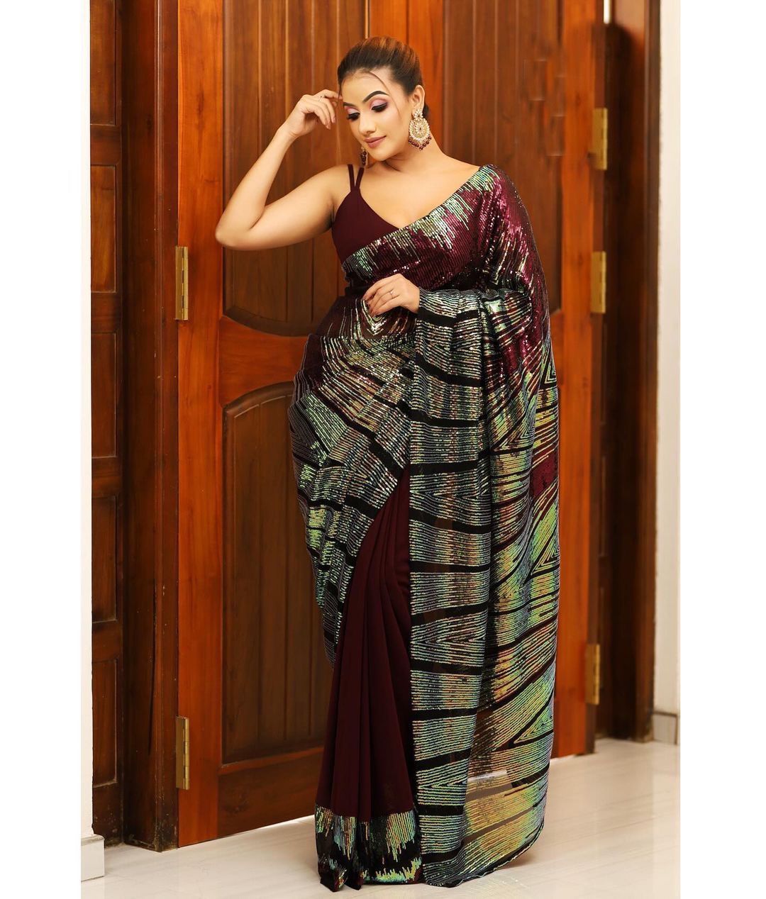 WINE COLOR HEAVY SOFT GEORGETTE RAINBOW SEQUINS WORK SAREE