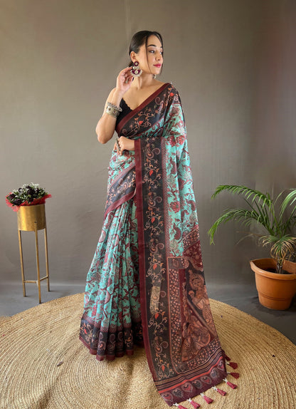 LIGHT WINE MULTI DIGITAL HAND PICKED KALAMKARI PRINTS SAREE