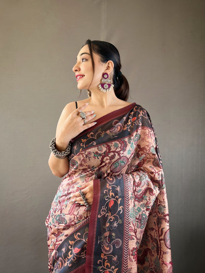 LIGHT WINE MULTI DIGITAL HAND PICKED KALAMKARI PRINTS SAREE