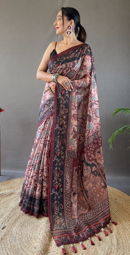 LIGHT WINE MULTI DIGITAL HAND PICKED KALAMKARI PRINTS SAREE