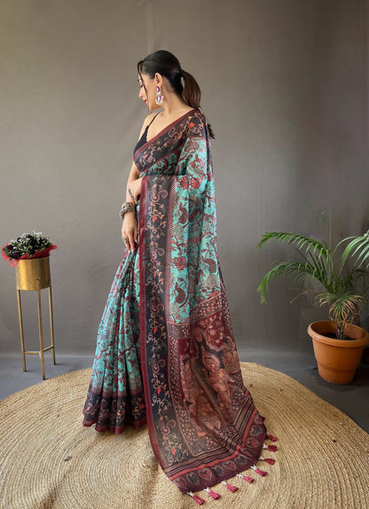 LIGHT WINE MULTI DIGITAL HAND PICKED KALAMKARI PRINTS SAREE