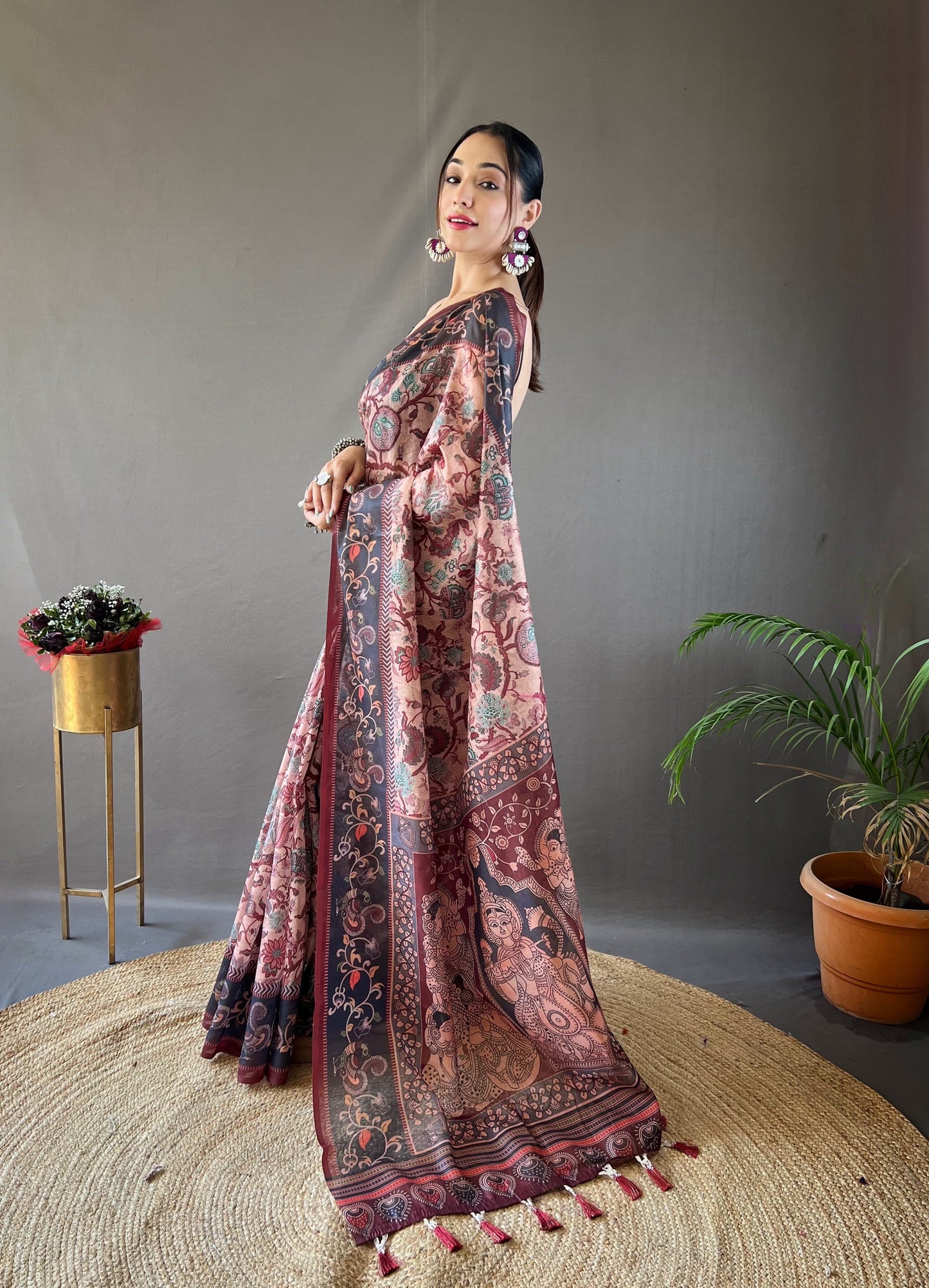 LIGHT WINE MULTI DIGITAL HAND PICKED KALAMKARI PRINTS SAREE