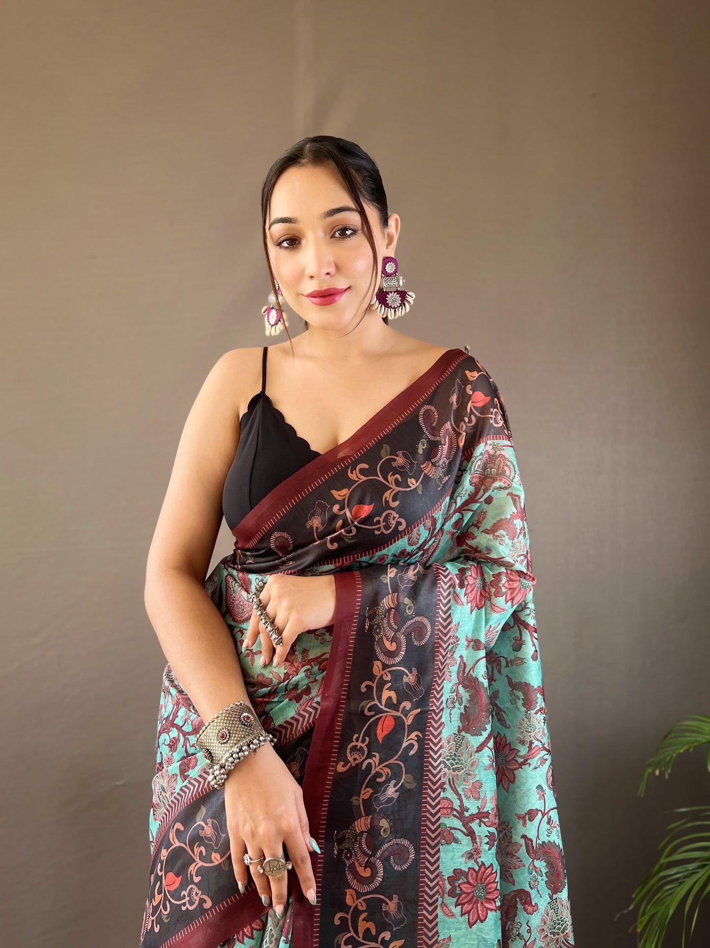 LIGHT WINE MULTI DIGITAL HAND PICKED KALAMKARI PRINTS SAREE