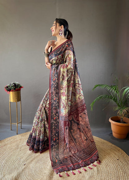 LIGHT WINE MULTI DIGITAL HAND PICKED KALAMKARI PRINTS SAREE