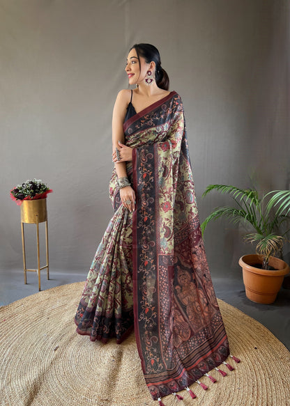 LIGHT WINE MULTI DIGITAL HAND PICKED KALAMKARI PRINTS SAREE