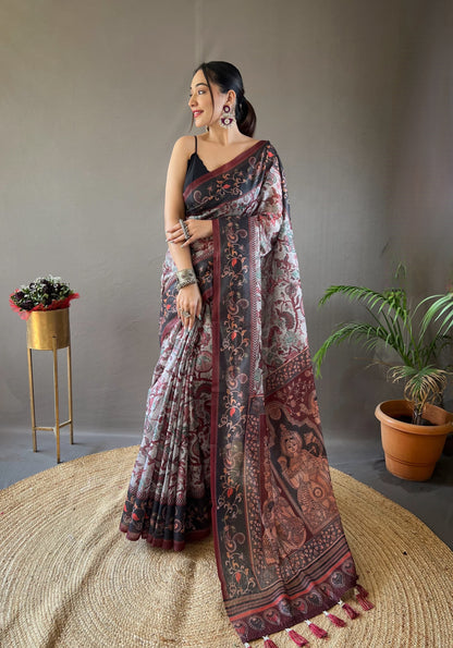 LIGHT WINE MULTI DIGITAL HAND PICKED KALAMKARI PRINTS SAREE