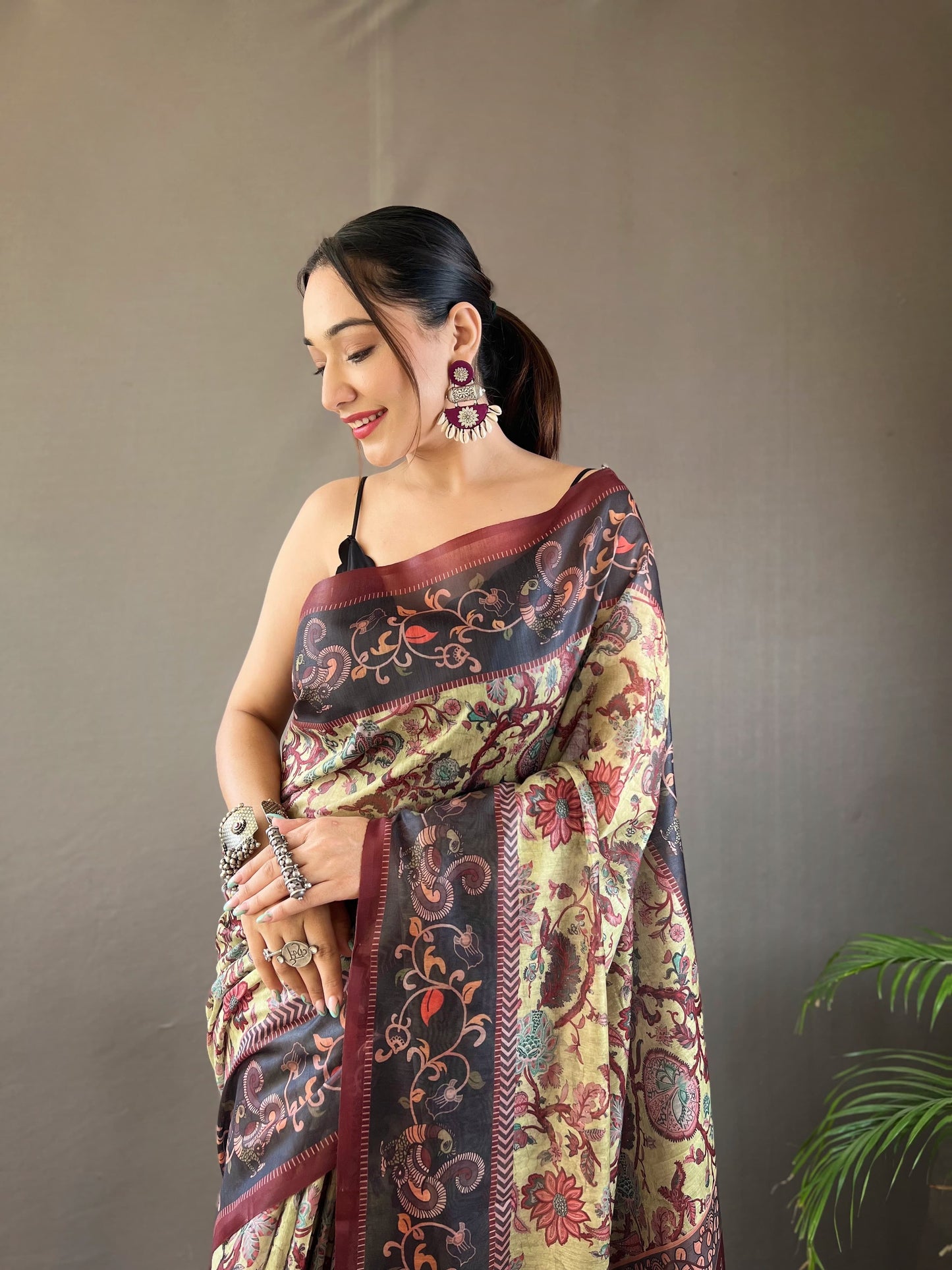 LIGHT WINE MULTI DIGITAL HAND PICKED KALAMKARI PRINTS SAREE