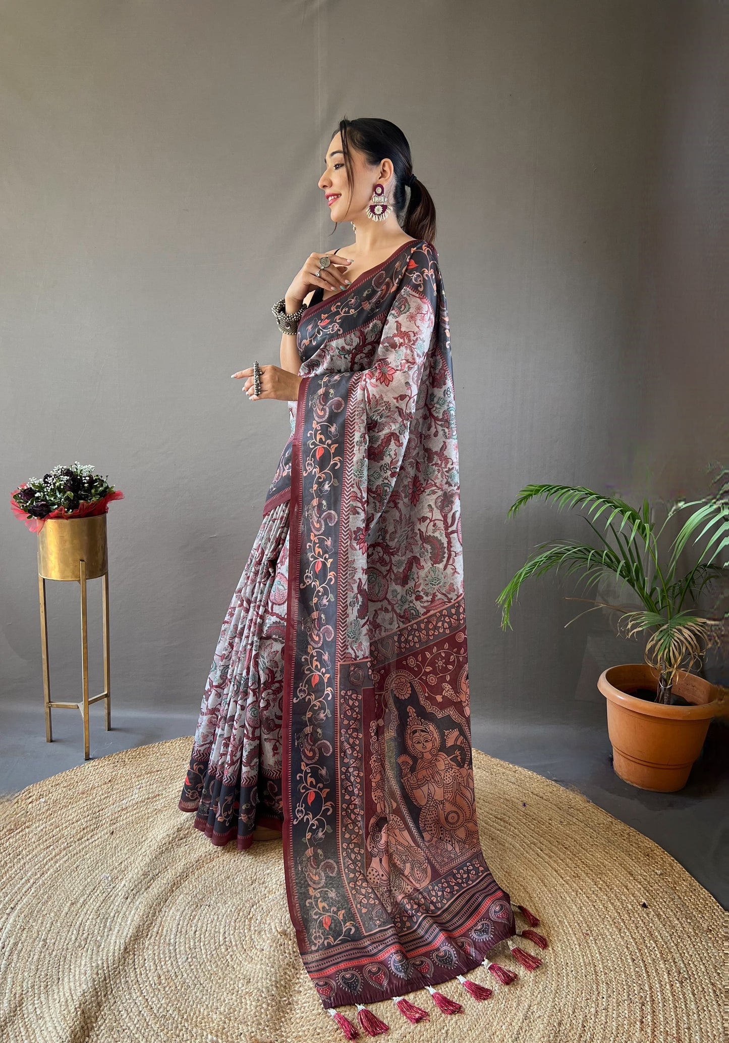 LIGHT WINE MULTI DIGITAL HAND PICKED KALAMKARI PRINTS SAREE