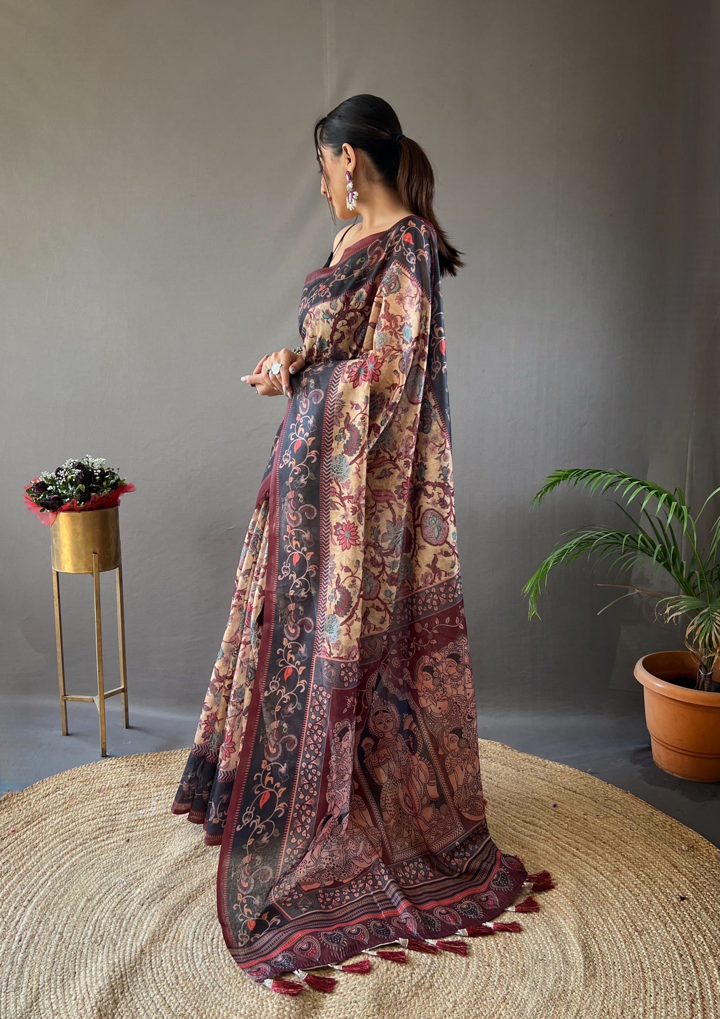 LIGHT WINE MULTI DIGITAL HAND PICKED KALAMKARI PRINTS SAREE