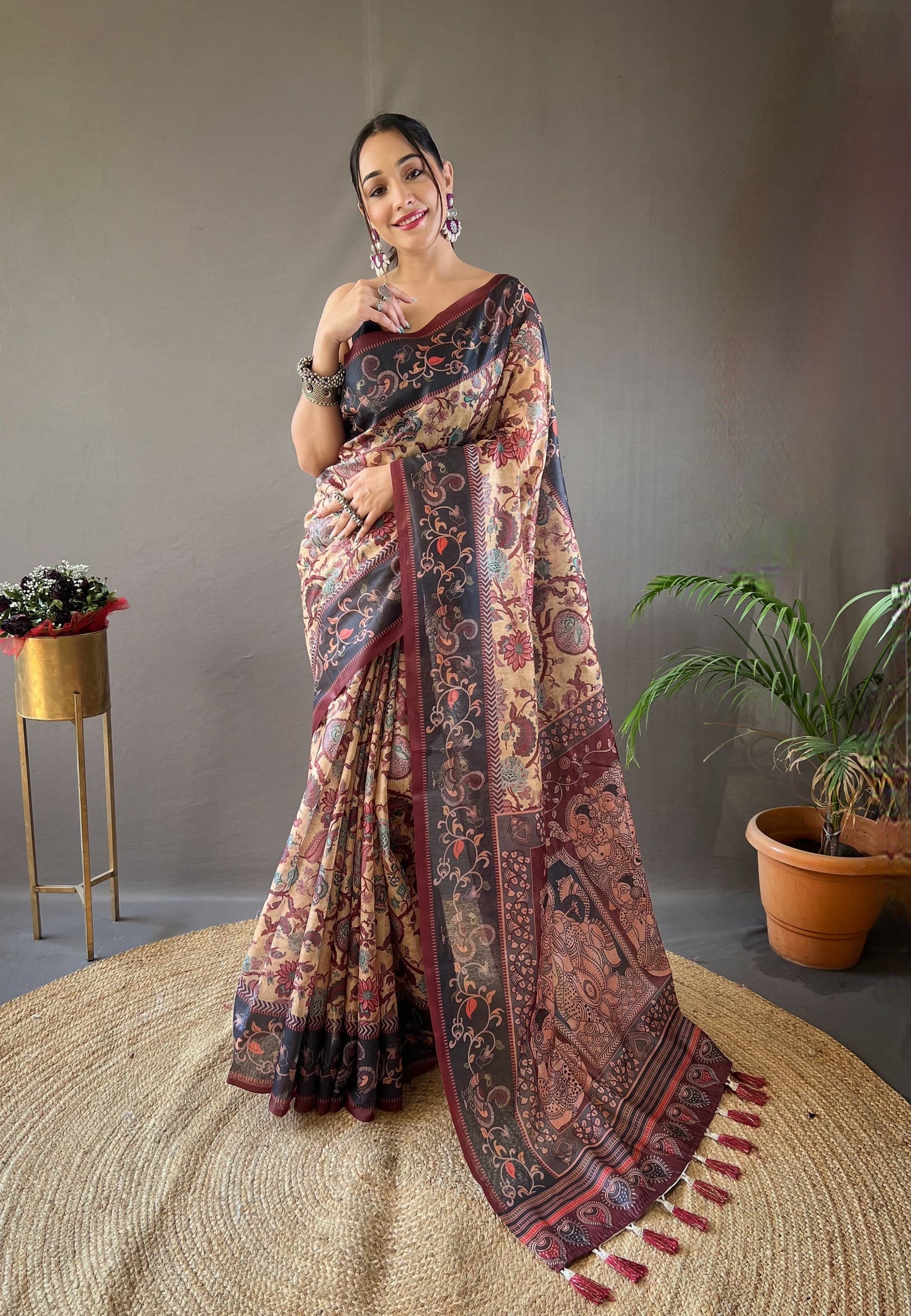 LIGHT WINE MULTI DIGITAL HAND PICKED KALAMKARI PRINTS SAREE