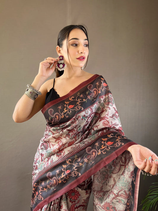 LIGHT WINE MULTI DIGITAL HAND PICKED KALAMKARI PRINTS SAREE