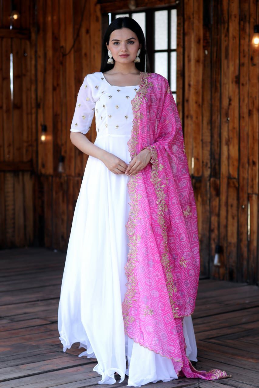 WHITE COLOR FAUX SOFT GEORGETTE WITH ZARI WORK  ANARKALI GOWN WITH BANDHEJ DUPATTA