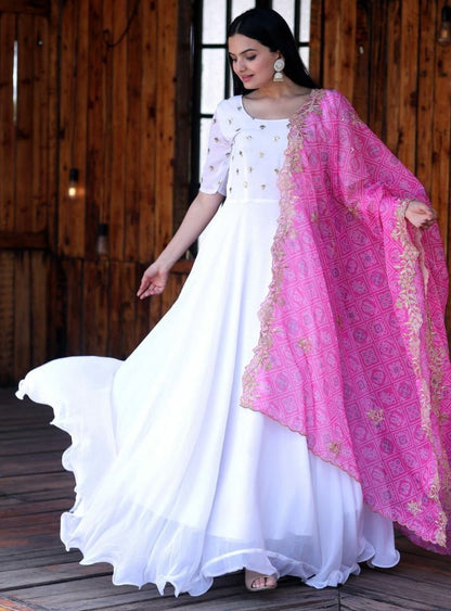 WHITE COLOR FAUX SOFT GEORGETTE WITH ZARI WORK  ANARKALI GOWN WITH BANDHEJ DUPATTA