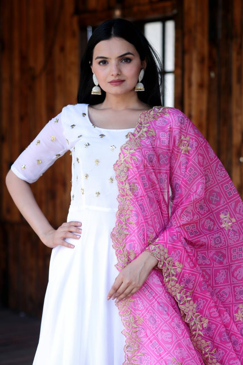 WHITE COLOR FAUX SOFT GEORGETTE WITH ZARI WORK  ANARKALI GOWN WITH BANDHEJ DUPATTA