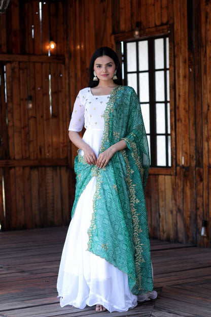 WHITE COLOR FAUX SOFT GEORGETTE WITH ZARI WORK  ANARKALI GOWN WITH BANDHEJ DUPATTA