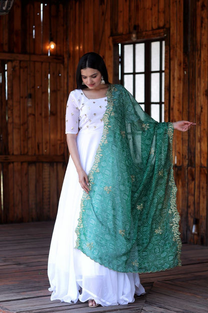 WHITE COLOR FAUX SOFT GEORGETTE WITH ZARI WORK  ANARKALI GOWN WITH BANDHEJ DUPATTA