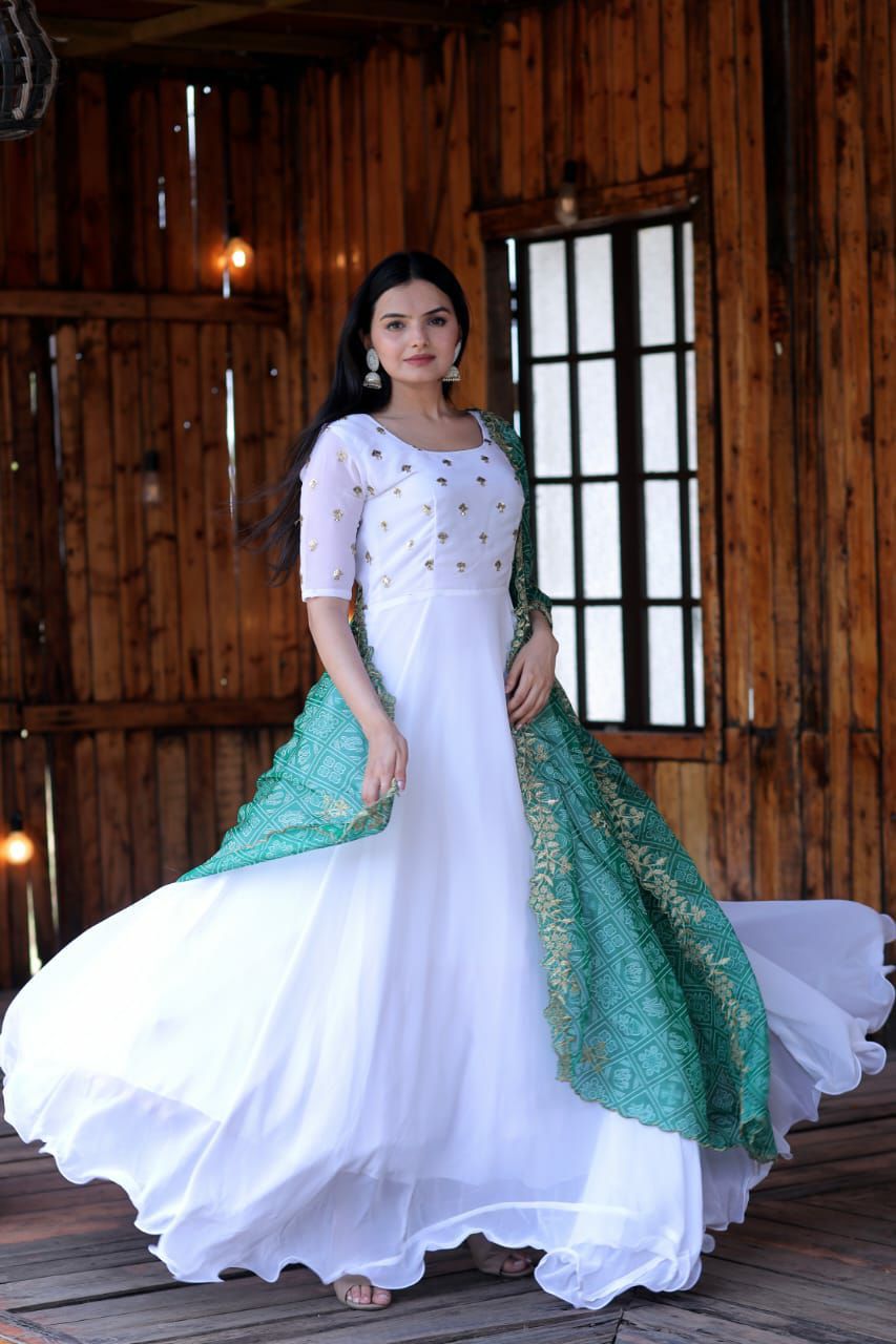 WHITE COLOR FAUX SOFT GEORGETTE WITH ZARI WORK  ANARKALI GOWN WITH BANDHEJ DUPATTA