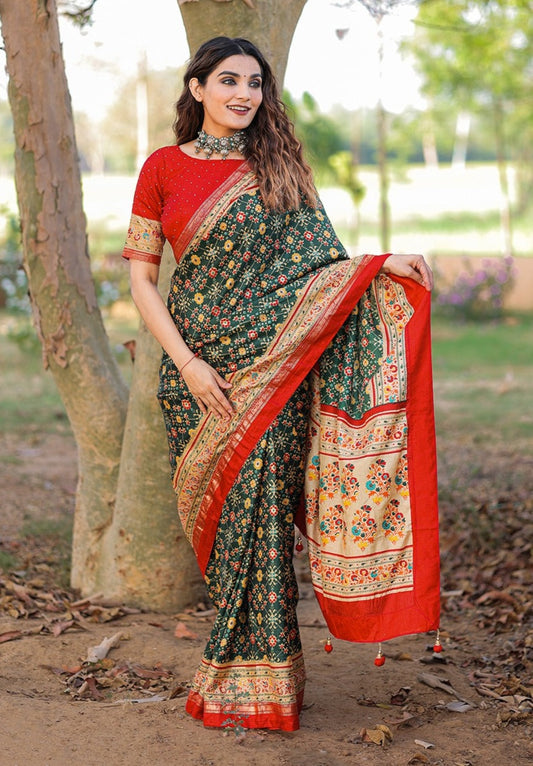 DARK GREEN DOLA SILK WITH FOIL PRINT EMBELLISHED STONE WORK SAREE