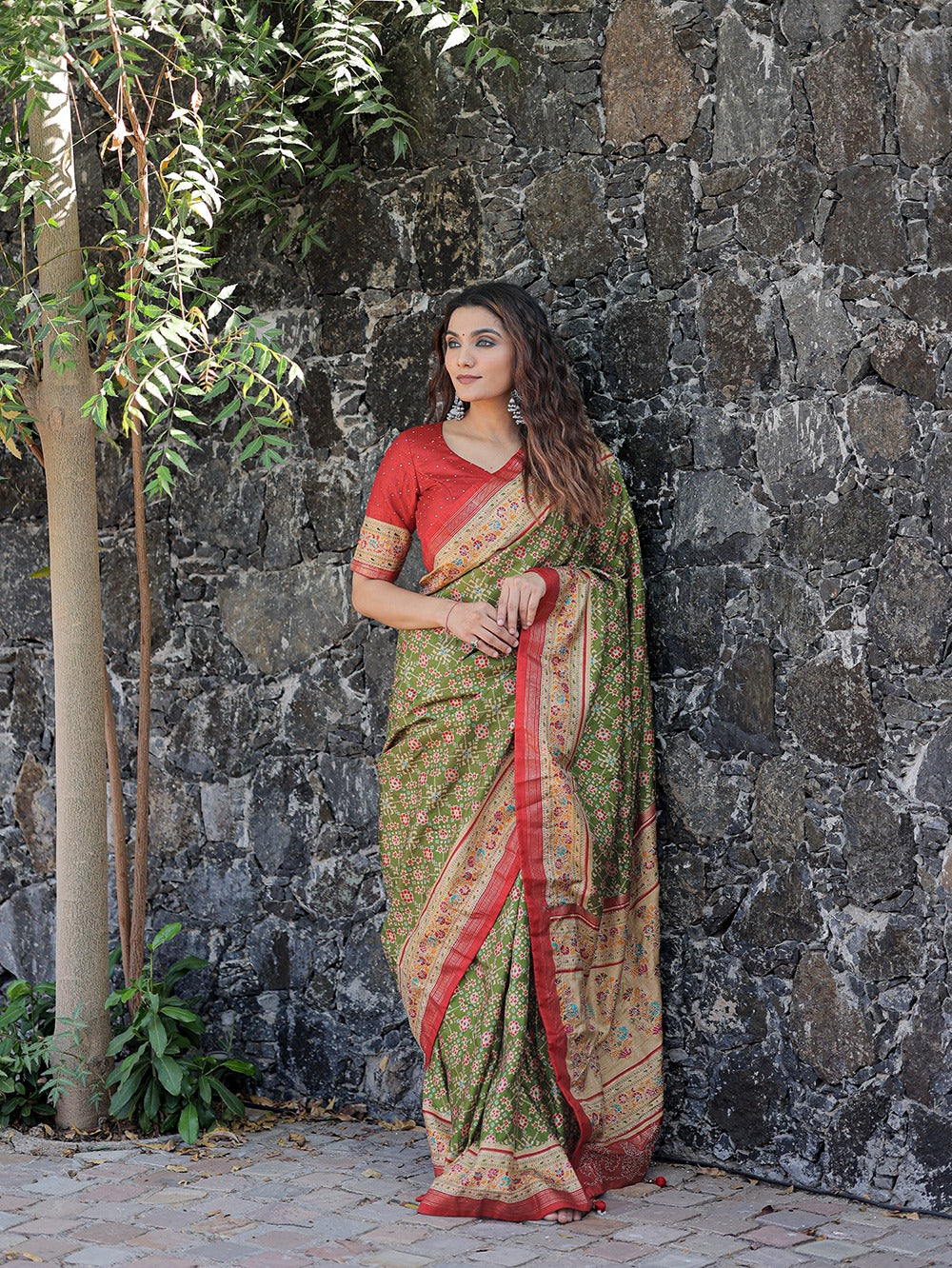 DARK GREEN DOLA SILK WITH FOIL PRINT EMBELLISHED STONE WORK SAREE