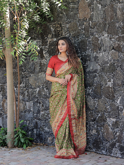 DARK GREEN DOLA SILK WITH FOIL PRINT EMBELLISHED STONE WORK SAREE