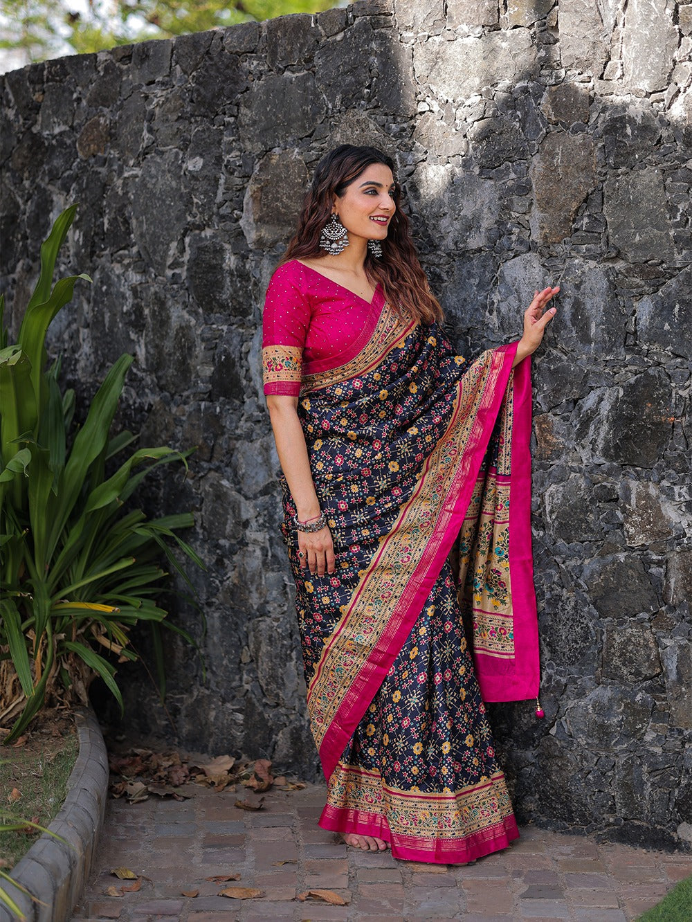 DARK GREEN DOLA SILK WITH FOIL PRINT EMBELLISHED STONE WORK SAREE