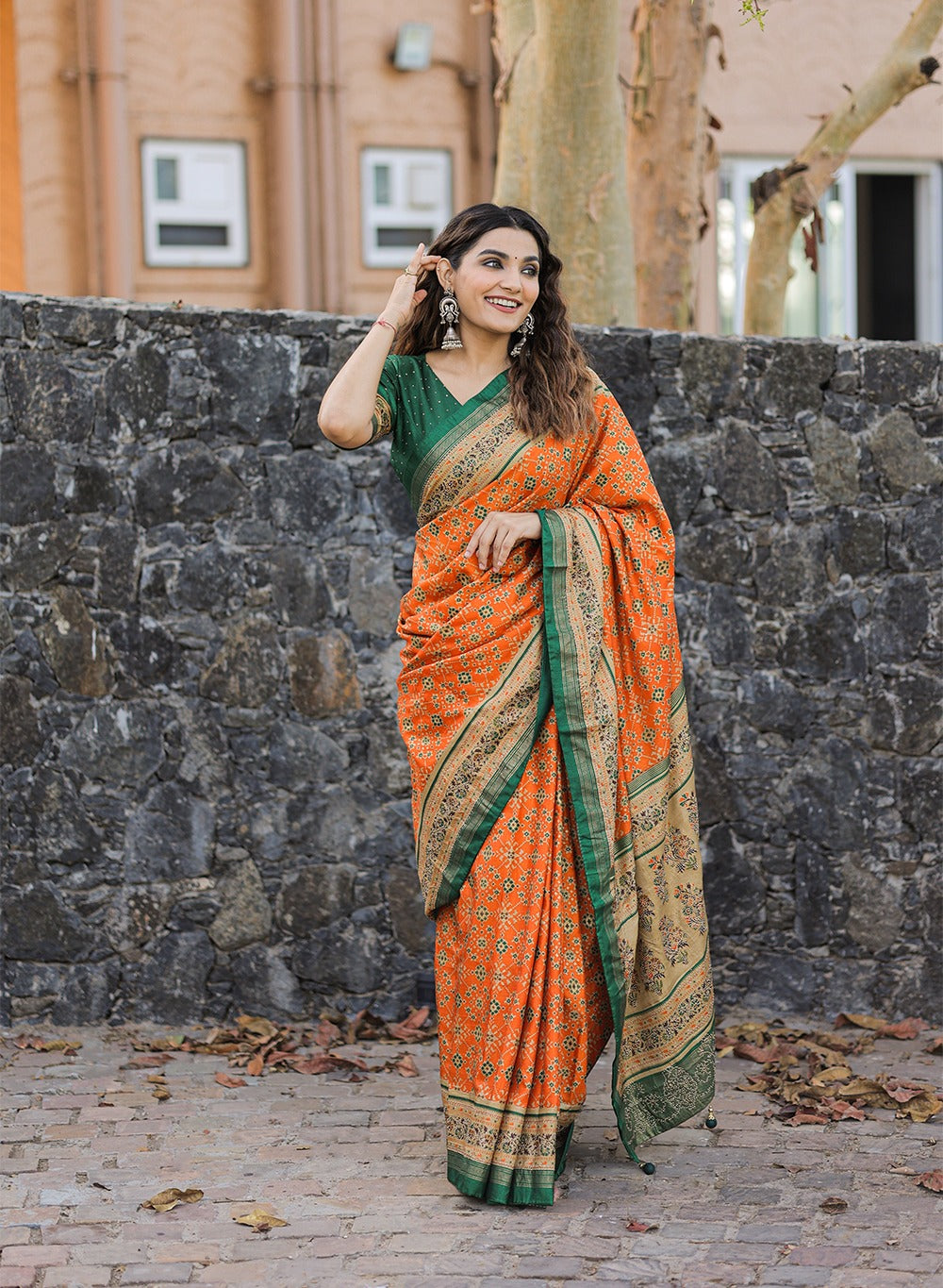 DARK GREEN DOLA SILK WITH FOIL PRINT EMBELLISHED STONE WORK SAREE