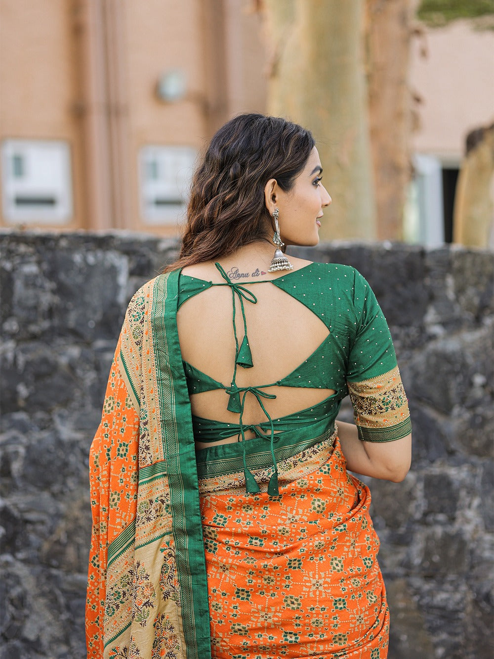 DARK GREEN DOLA SILK WITH FOIL PRINT EMBELLISHED STONE WORK SAREE