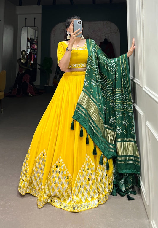 YELLOW MIRROR WORK LEHENGA