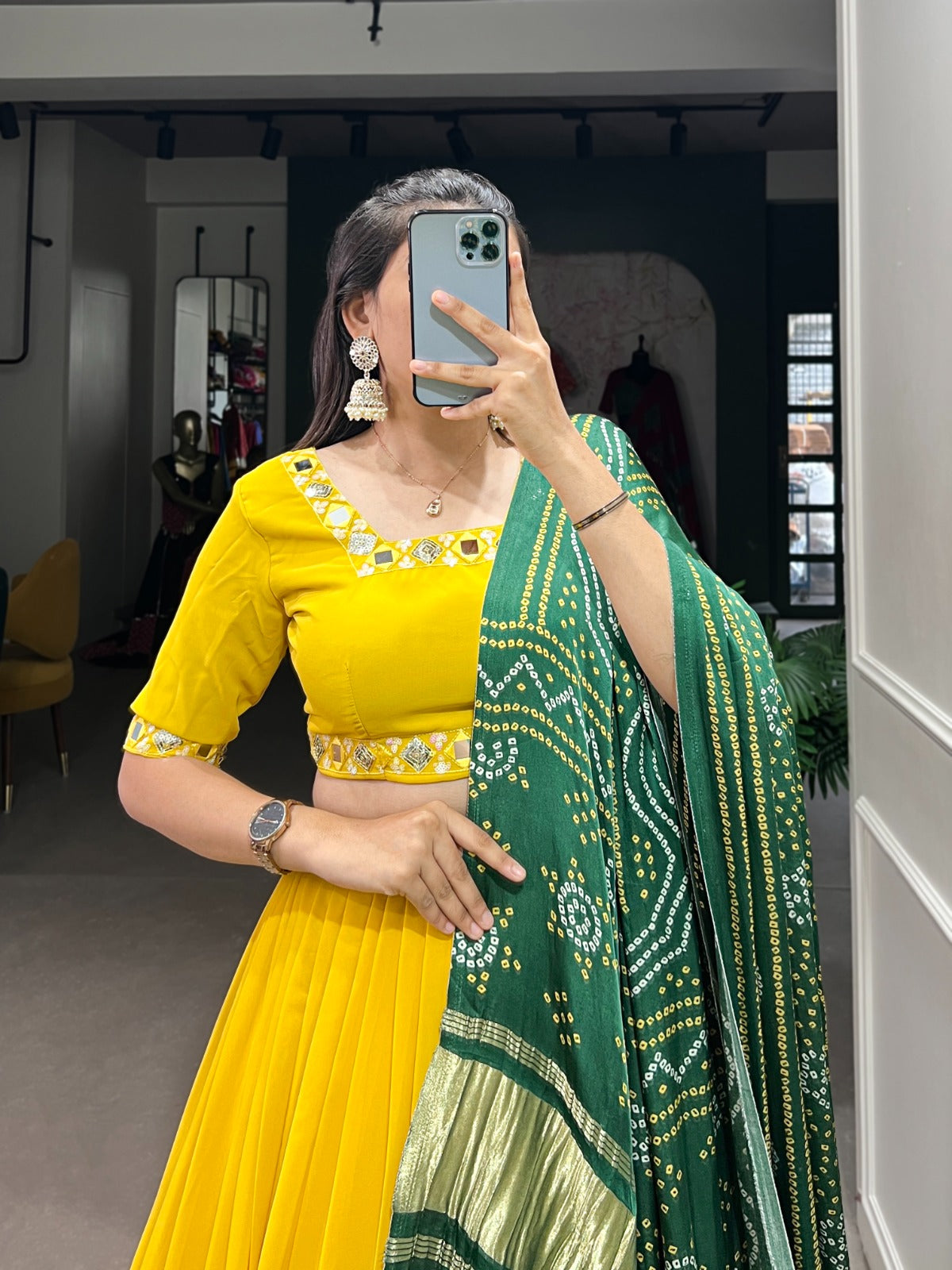 YELLOW MIRROR WORK LEHENGA