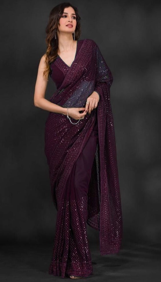 WINE COLOR CELEBRITY STYLEHEAVY GEORGETTE  SAREE