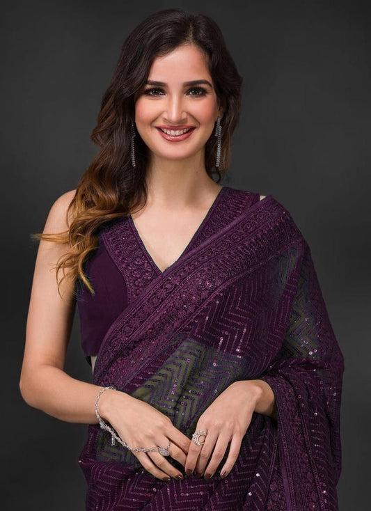 WINE COLOR CELEBRITY STYLEHEAVY GEORGETTE  SAREE