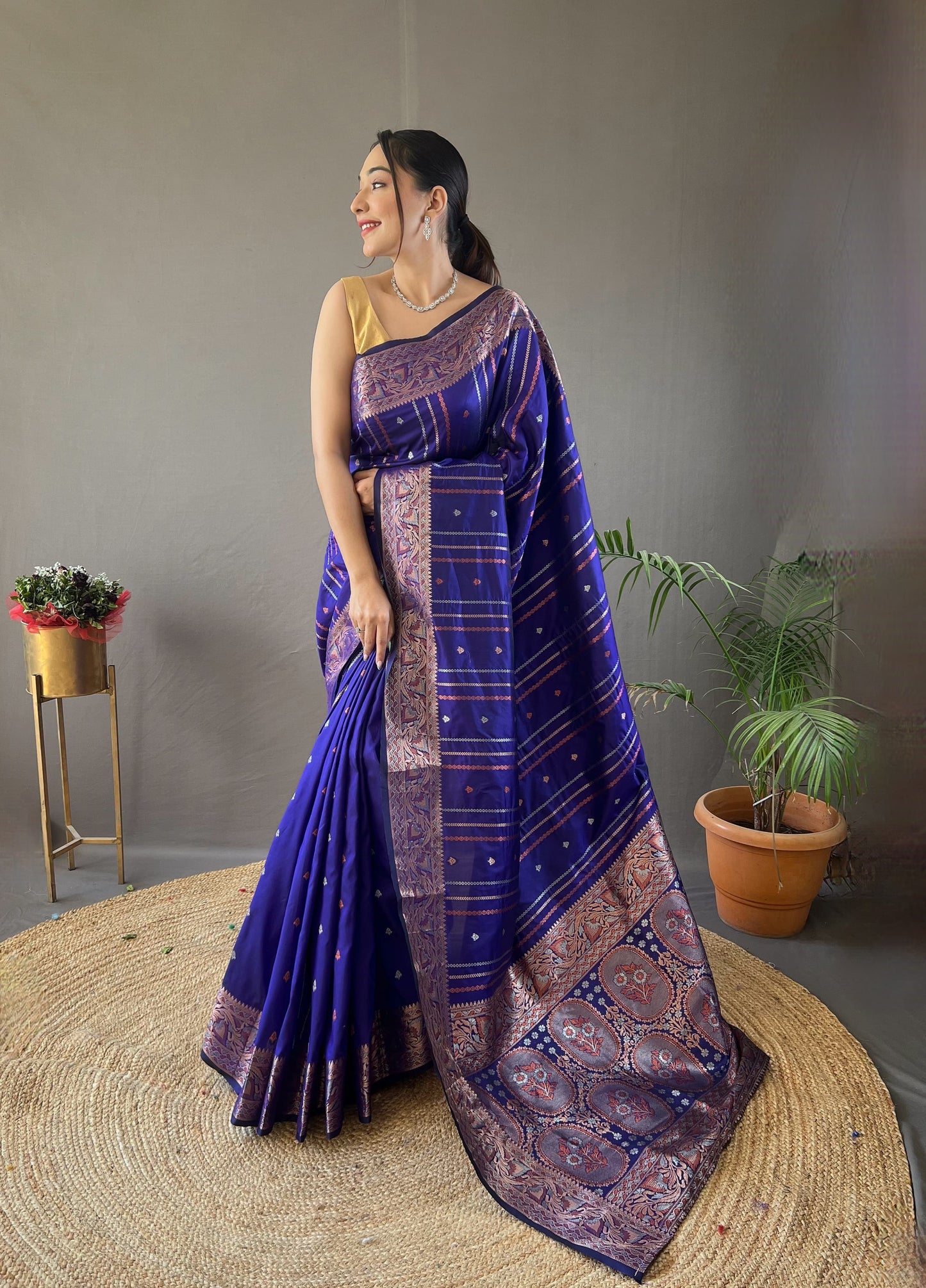 DARK BLUE COLOR SILVER- COPPER WEAVING WORK SAREE