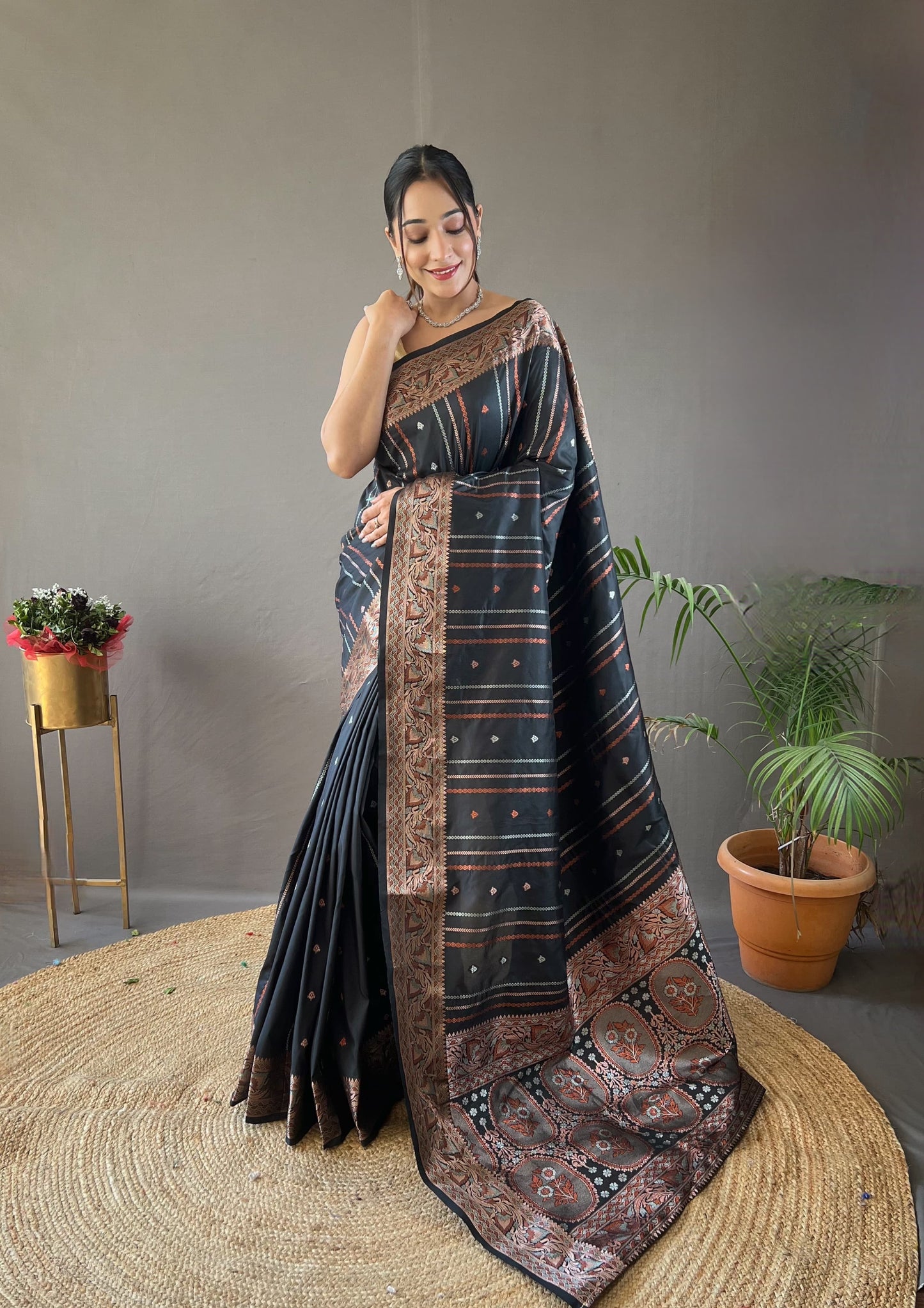 DARK BLUE COLOR SILVER- COPPER WEAVING WORK SAREE