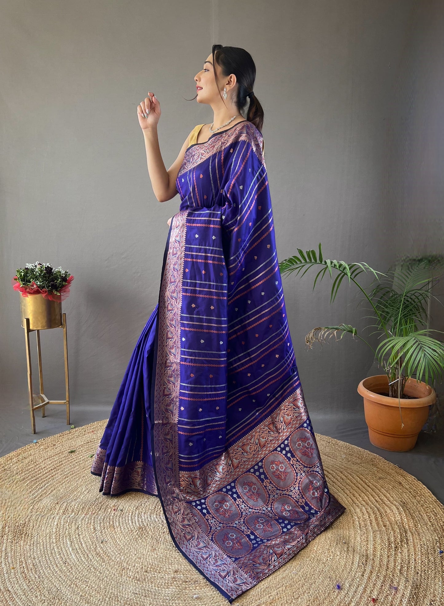 DARK BLUE COLOR SILVER- COPPER WEAVING WORK SAREE