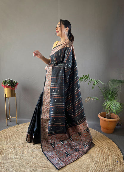 DARK BLUE COLOR SILVER- COPPER WEAVING WORK SAREE