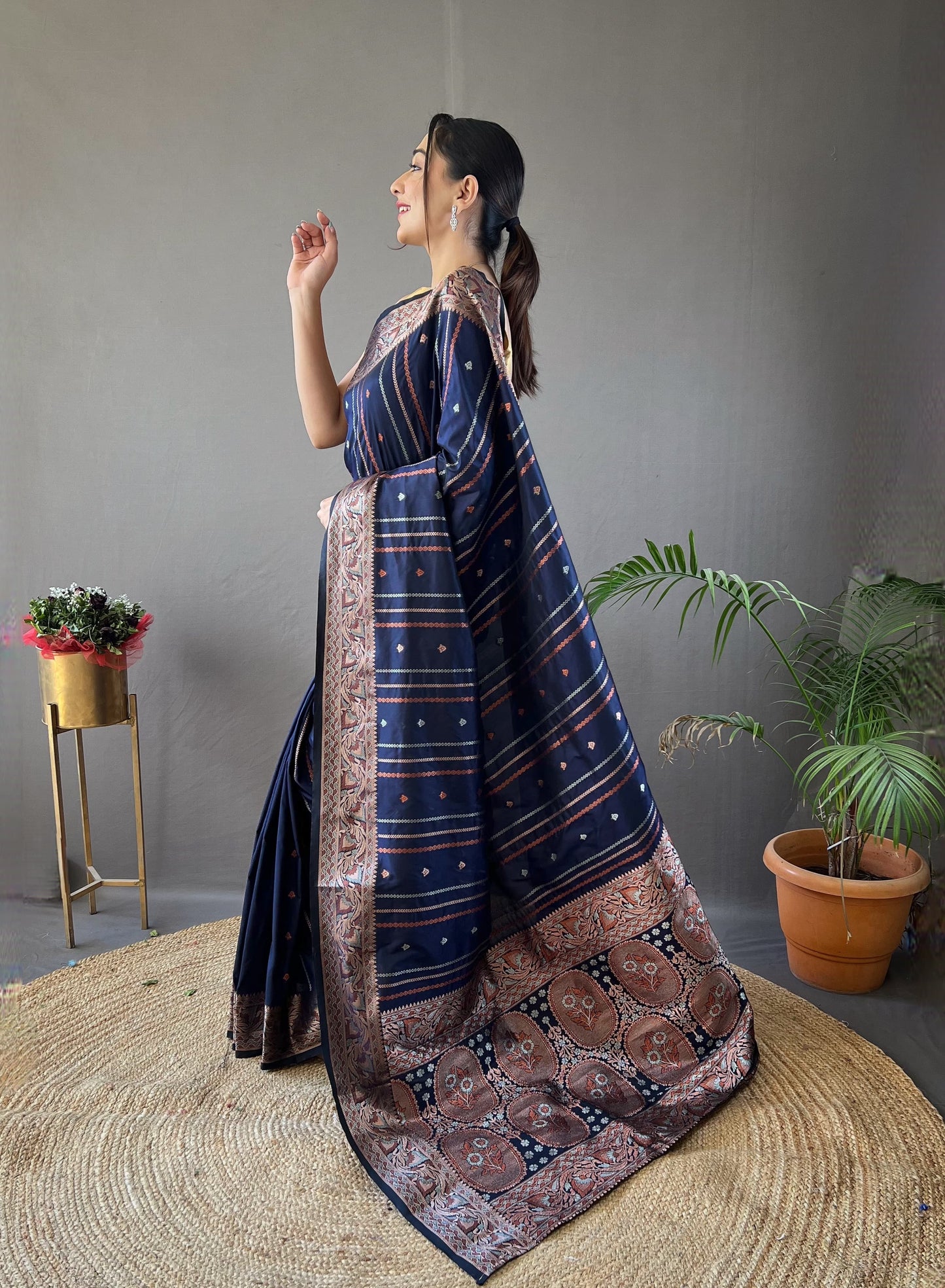 DARK BLUE COLOR SILVER- COPPER WEAVING WORK SAREE