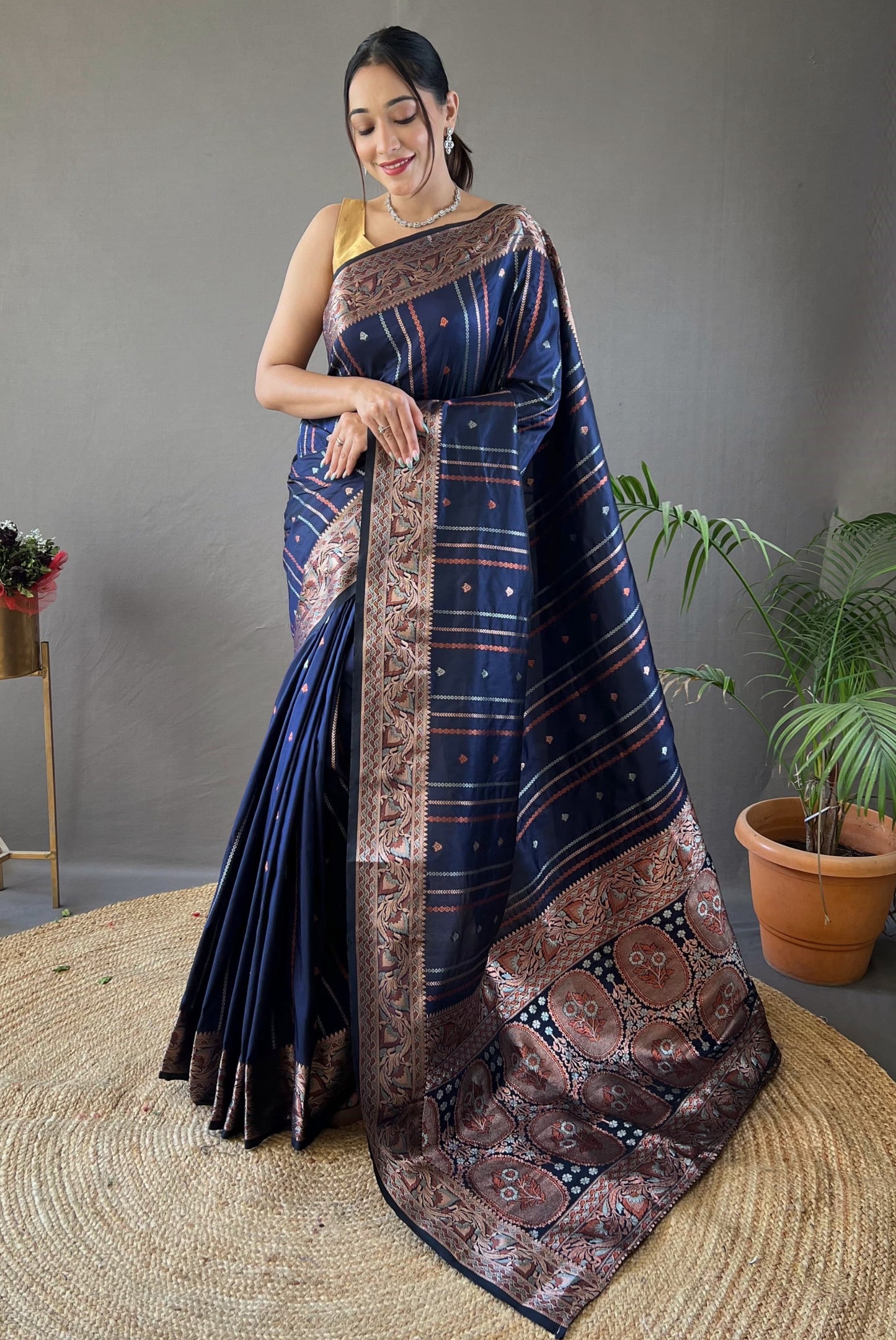 DARK BLUE COLOR SILVER- COPPER WEAVING WORK SAREE