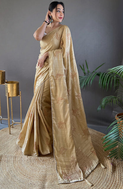 GOLDEN COLOR SOFT SILK WITH ZARI EMBROIDERY & PIPING WORK  SAREE