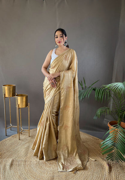 GOLDEN COLOR SOFT SILK WITH ZARI EMBROIDERY & PIPING WORK  SAREE