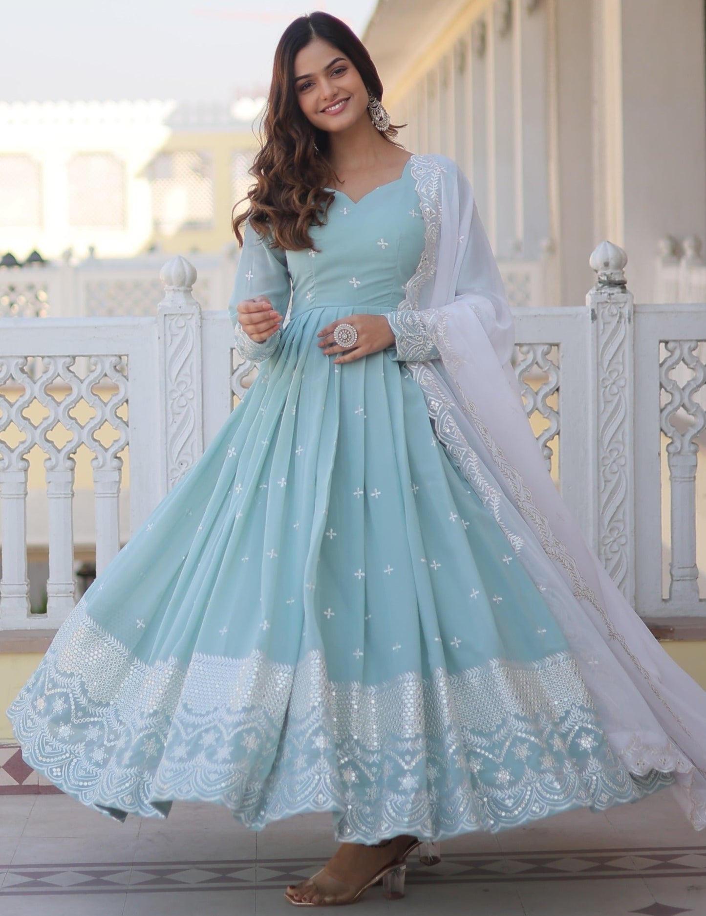 DAZZLING DIAMOND SKY BLUE- WHITE ANARKALI GOWN WITH DUPATTA