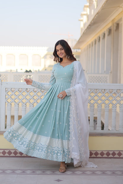 DAZZLING DIAMOND SKY BLUE- WHITE ANARKALI GOWN WITH DUPATTA