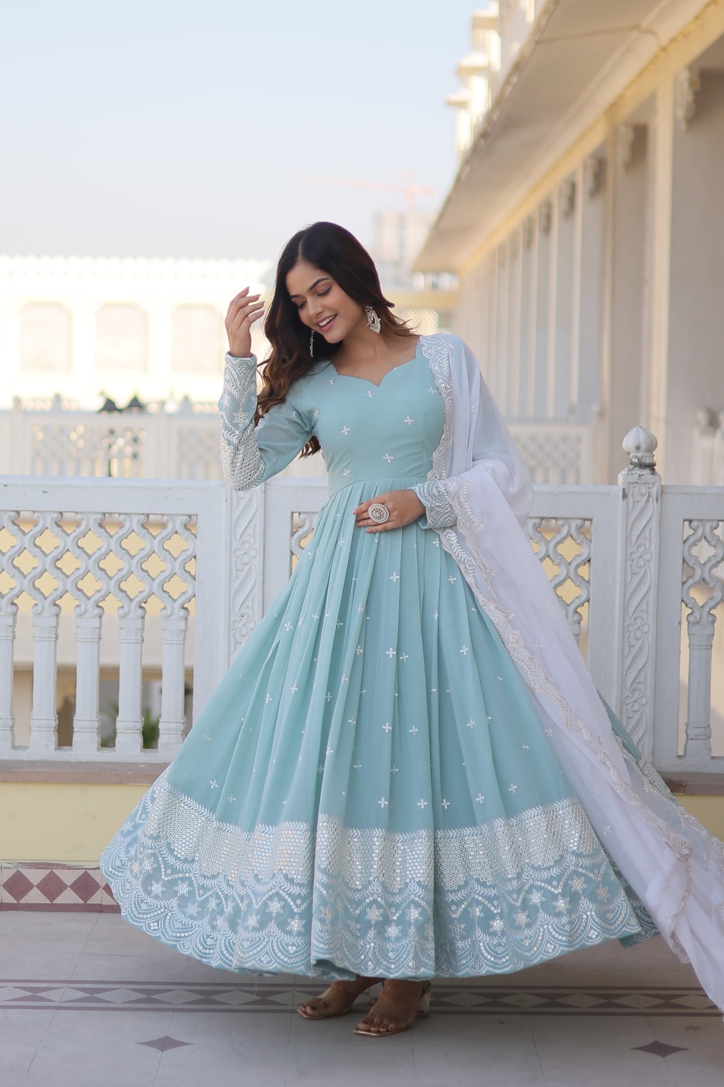 DAZZLING DIAMOND SKY BLUE- WHITE ANARKALI GOWN WITH DUPATTA