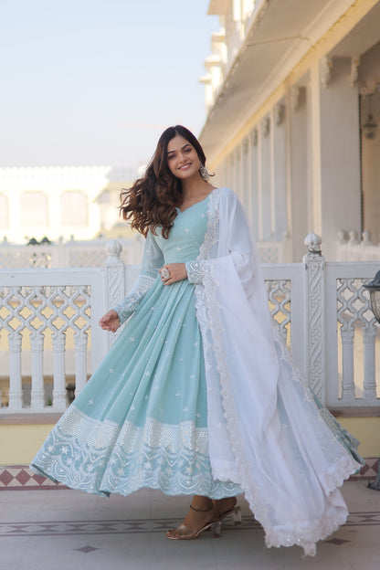 DAZZLING DIAMOND SKY BLUE- WHITE ANARKALI GOWN WITH DUPATTA